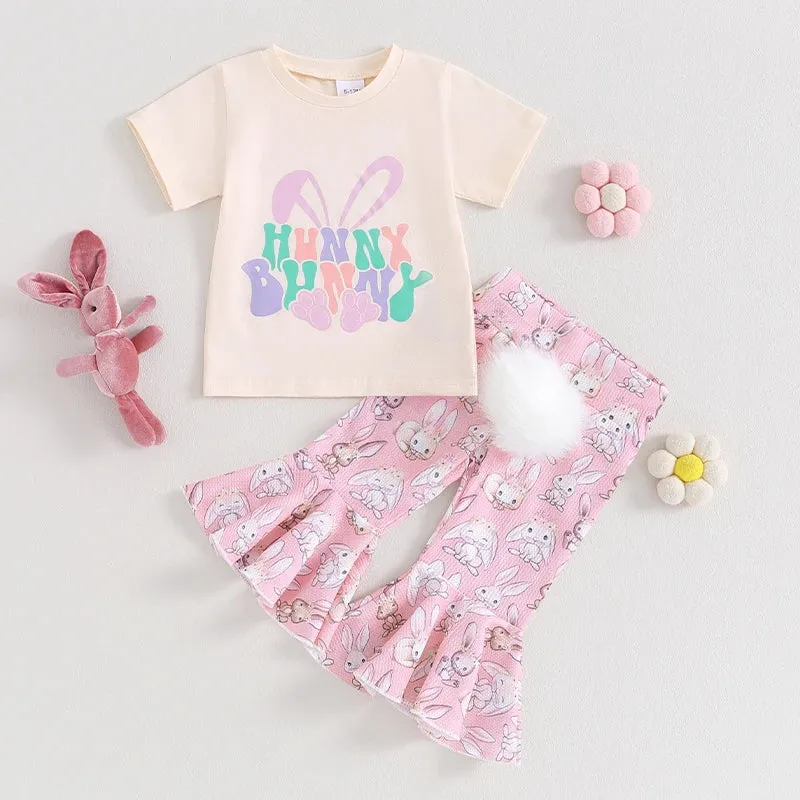 0-4Y Toddler Baby Girls Easter Clothes Sets Outfits Short Sleeve T-Shirt Bunny Flare Pants