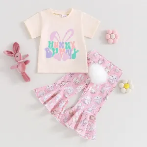 0-4Y Toddler Baby Girls Easter Clothes Sets Outfits Short Sleeve T-Shirt Bunny Flare Pants