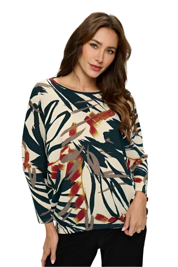 019- Jostar Olive, Burgundy, and Cream Batwing Dolman Top