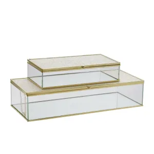 8"/10" Metal/Glass Lidded Boxes with Glittered Tops Set of 2 - White