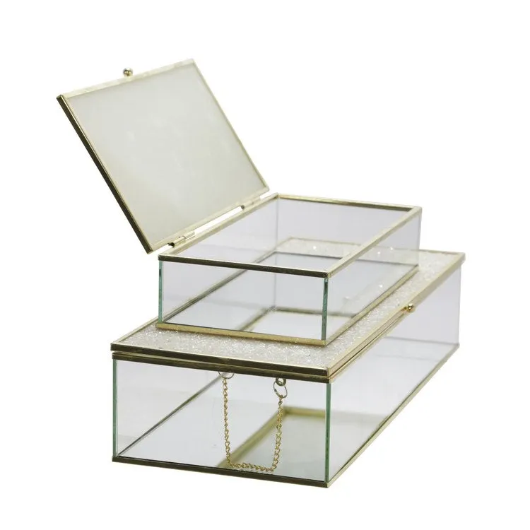 8"/10" Metal/Glass Lidded Boxes with Glittered Tops Set of 2 - White