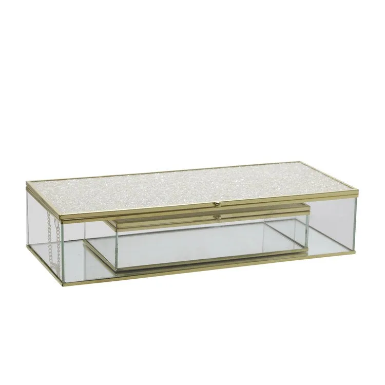 8"/10" Metal/Glass Lidded Boxes with Glittered Tops Set of 2 - White