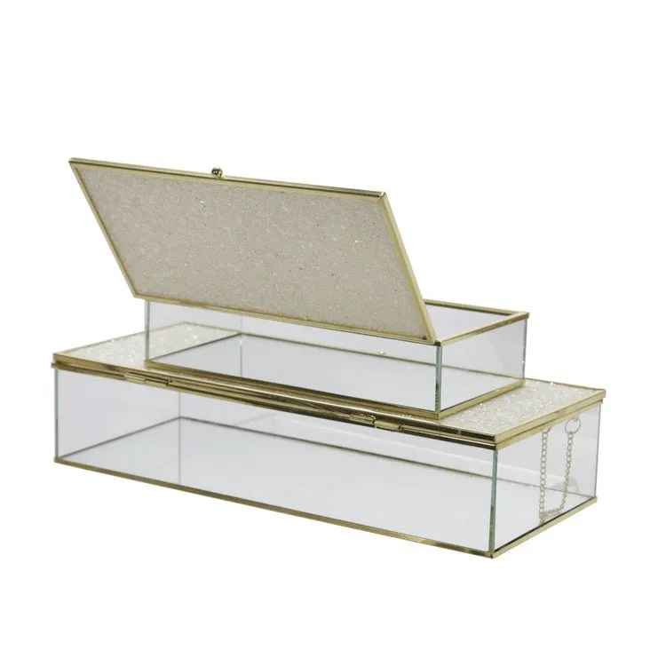 8"/10" Metal/Glass Lidded Boxes with Glittered Tops Set of 2 - White