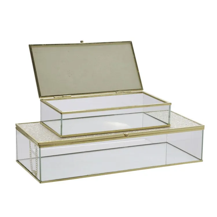 8"/10" Metal/Glass Lidded Boxes with Glittered Tops Set of 2 - White