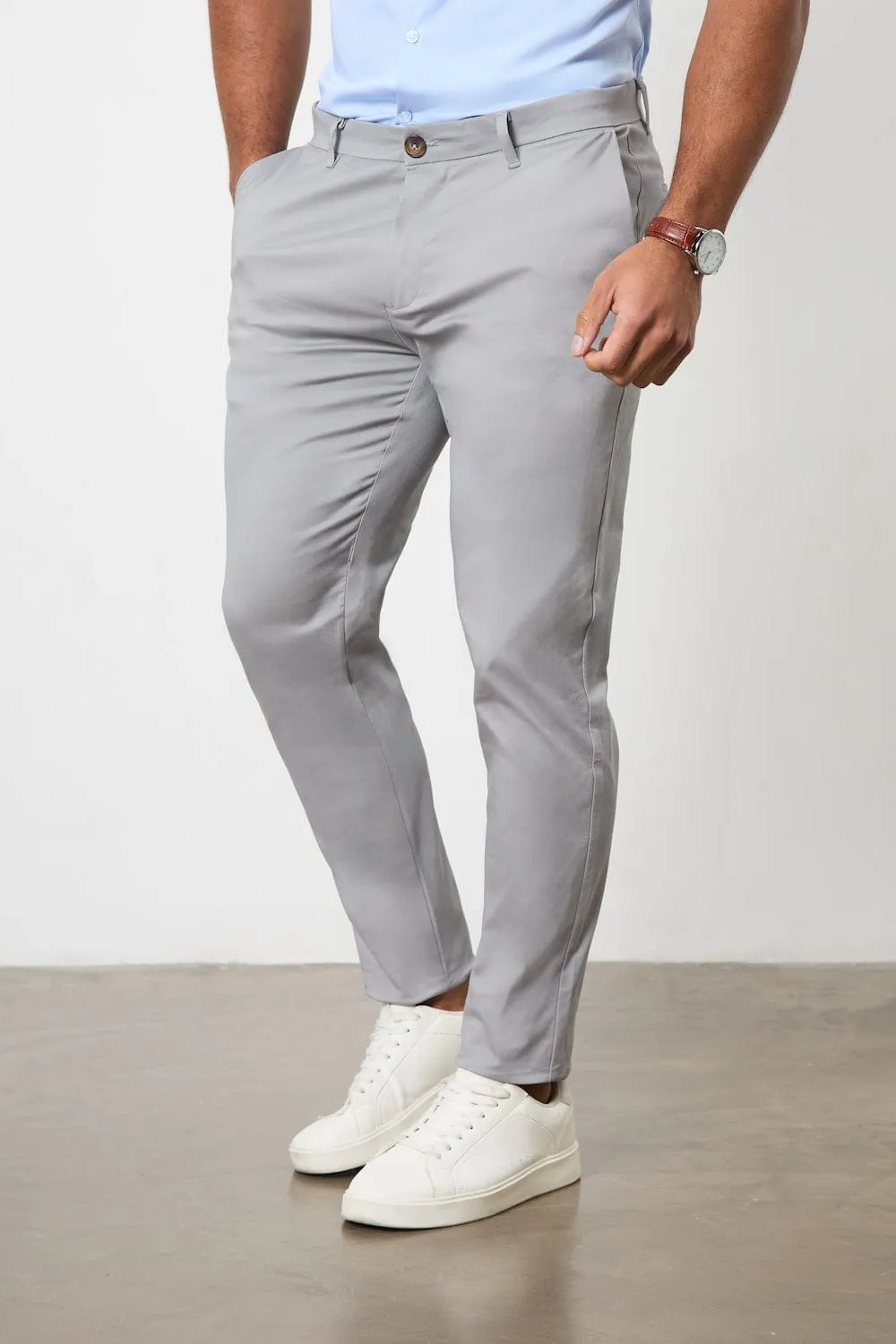 Athletic Fit Cotton Stretch Chino Pants in Pale Grey