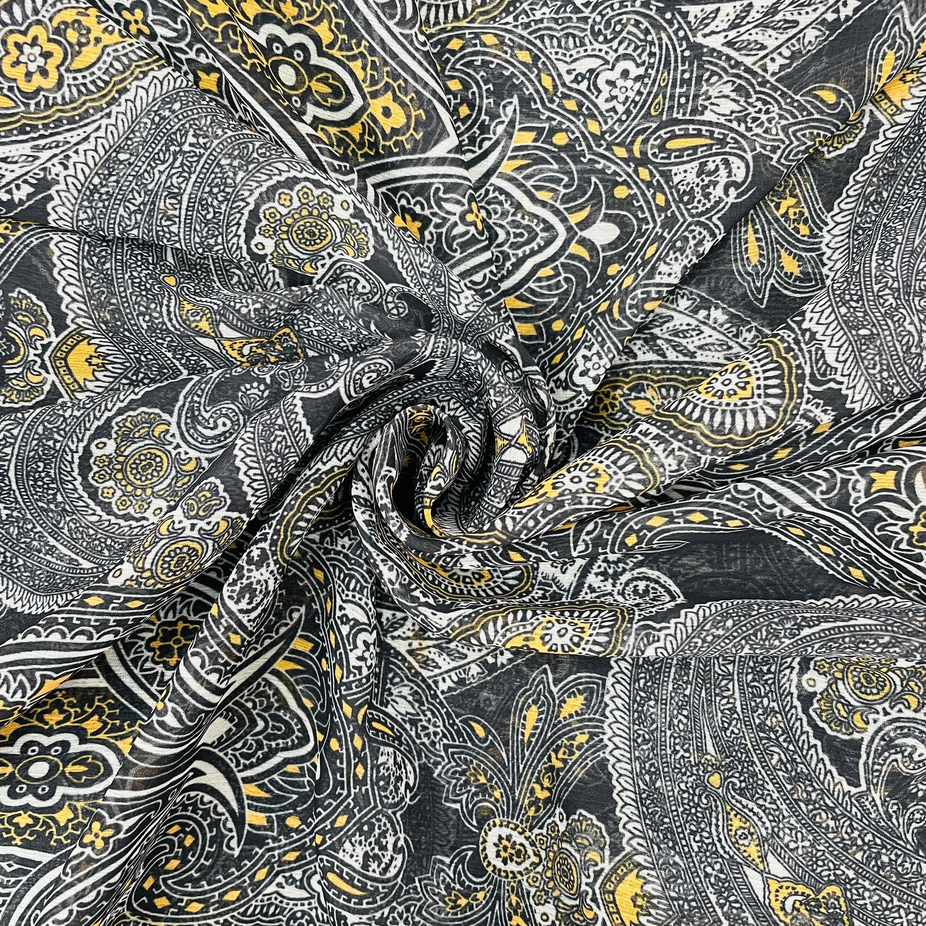Black Paisley Print Chiffon Fabric