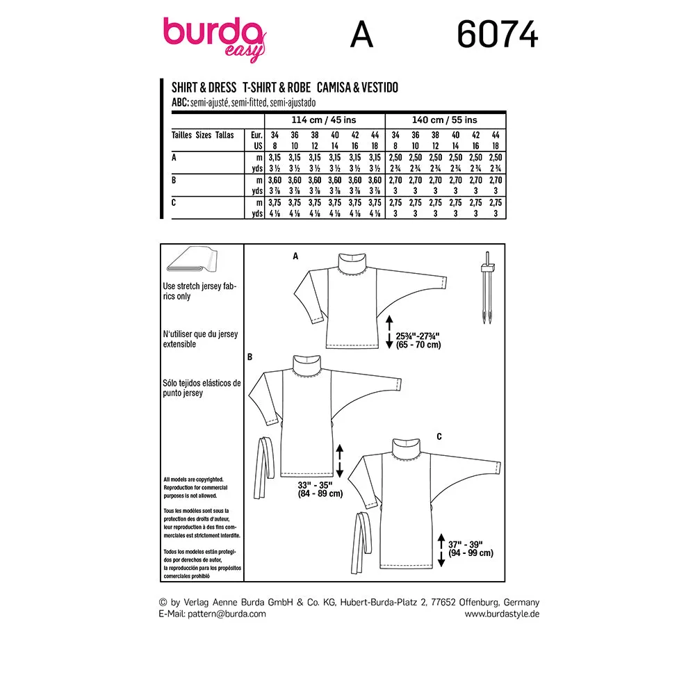 BURDA - 6074 Top, Dress – with Loose Roll Neck Collar
