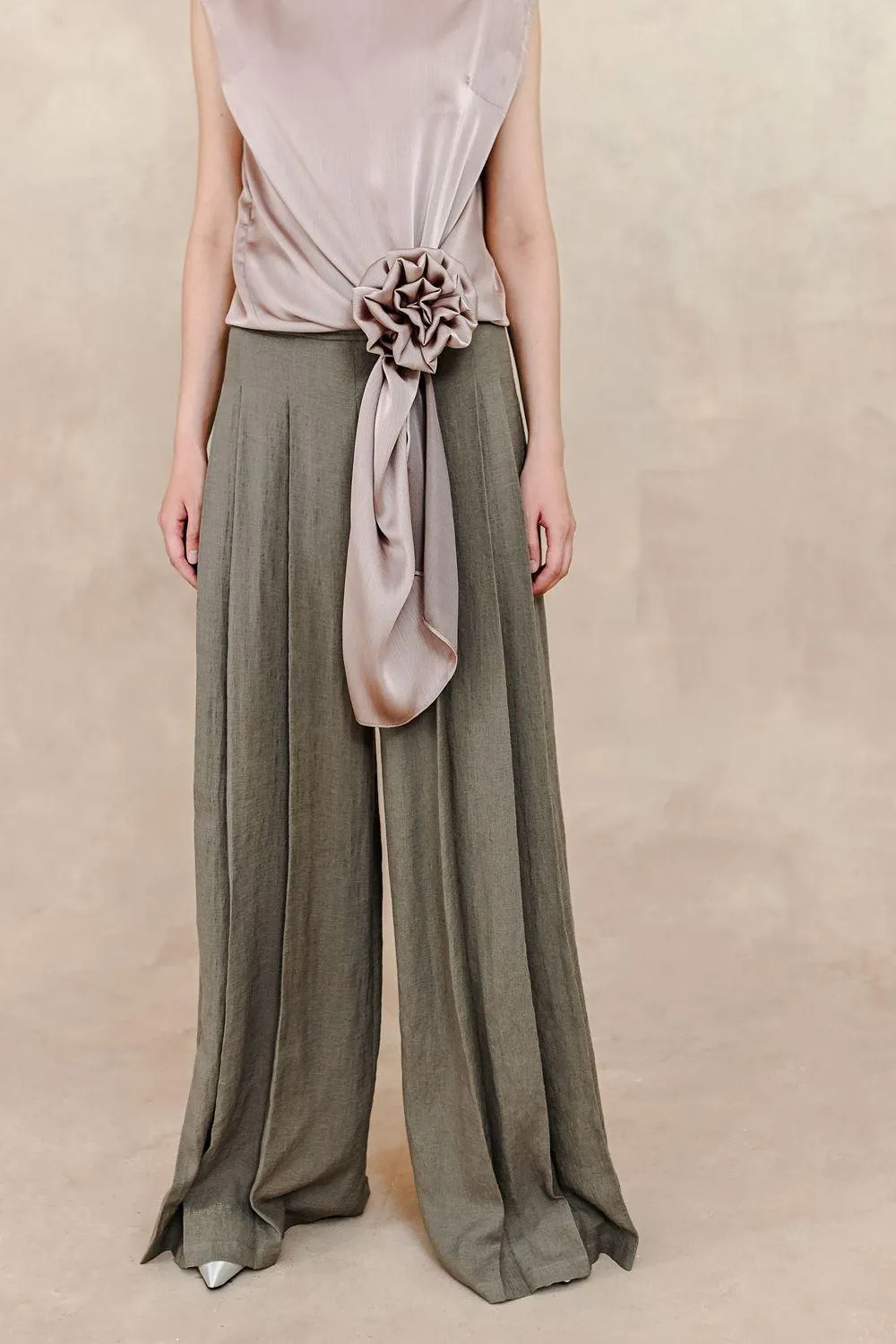 Calliope Pleated Wide Leg Silk Linen Floor Length Pants