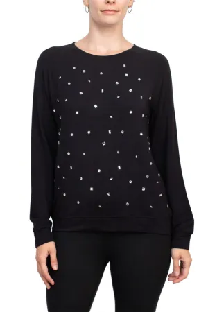 Carmen Marc Valvo Crew Neck long Sleeve Elastic Cuff’s Embellished Knit Top