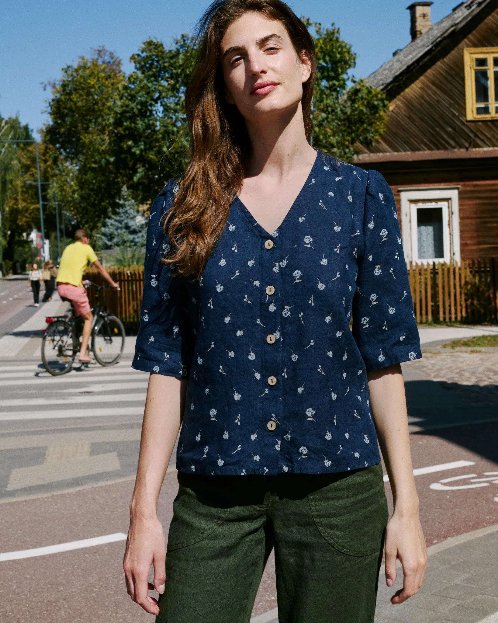 CU: CUSTOMIZED ISLA elbow sleeve linen shirt (Size: XS; Color: Espresso Rose)