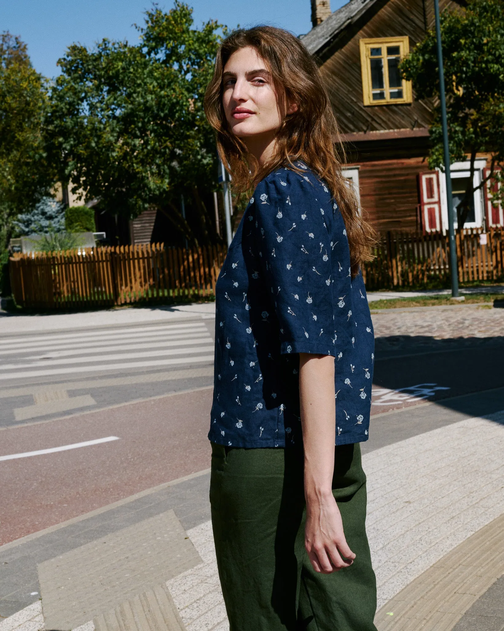 CU: CUSTOMIZED ISLA elbow sleeve linen shirt (Size: XS; Color: Espresso Rose)