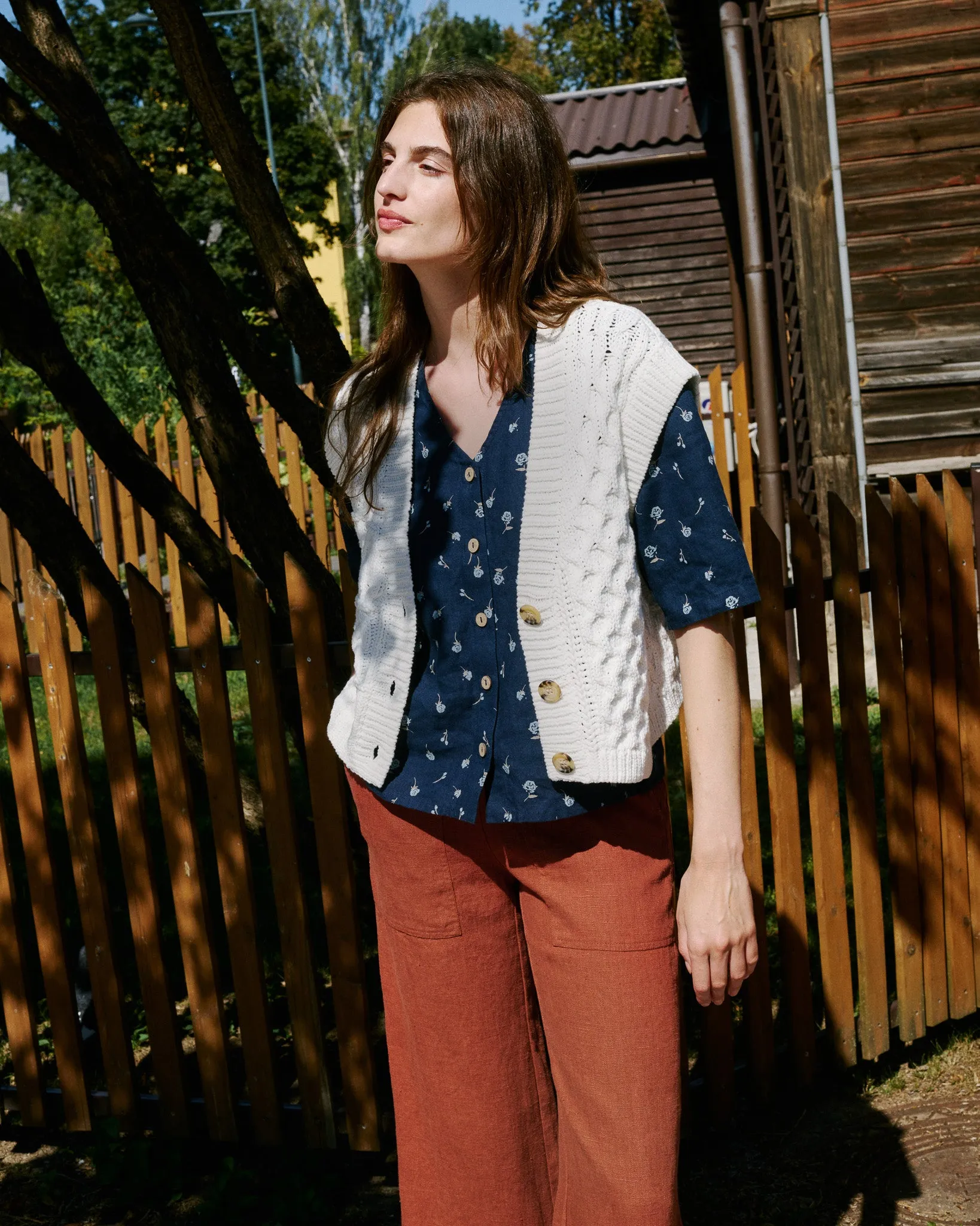 CU: CUSTOMIZED ISLA elbow sleeve linen shirt (Size: XS; Color: Espresso Rose)