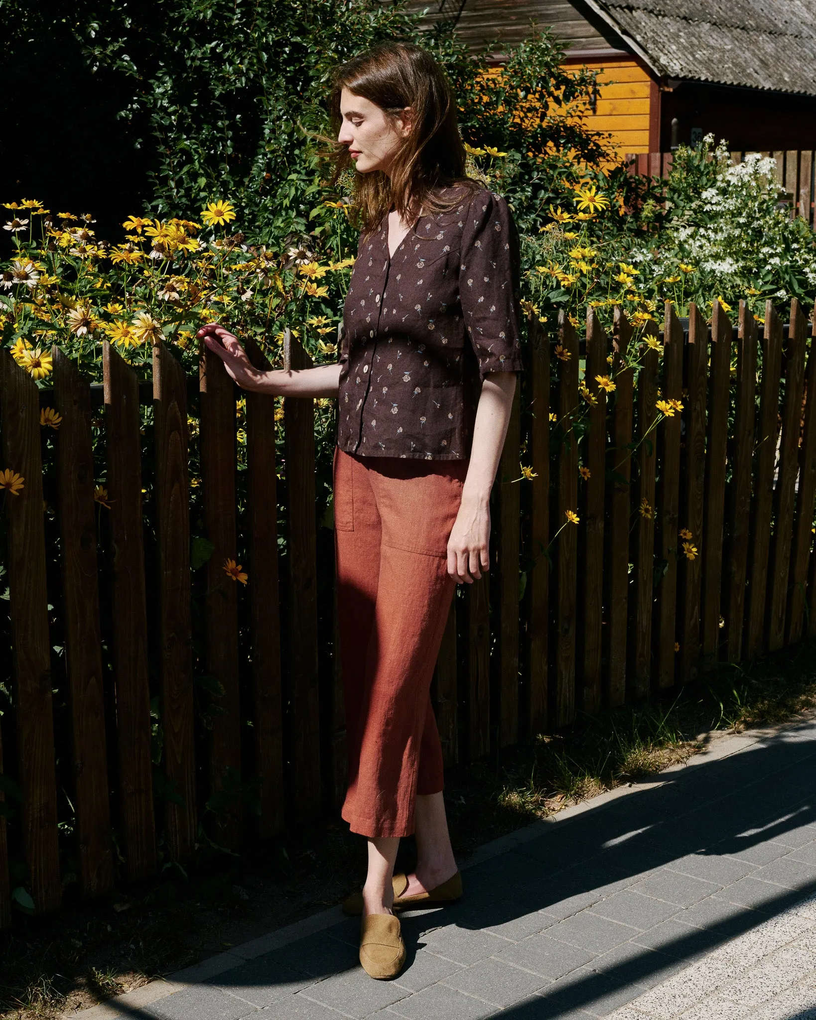 CU: CUSTOMIZED ISLA elbow sleeve linen shirt (Size: XS; Color: Espresso Rose)