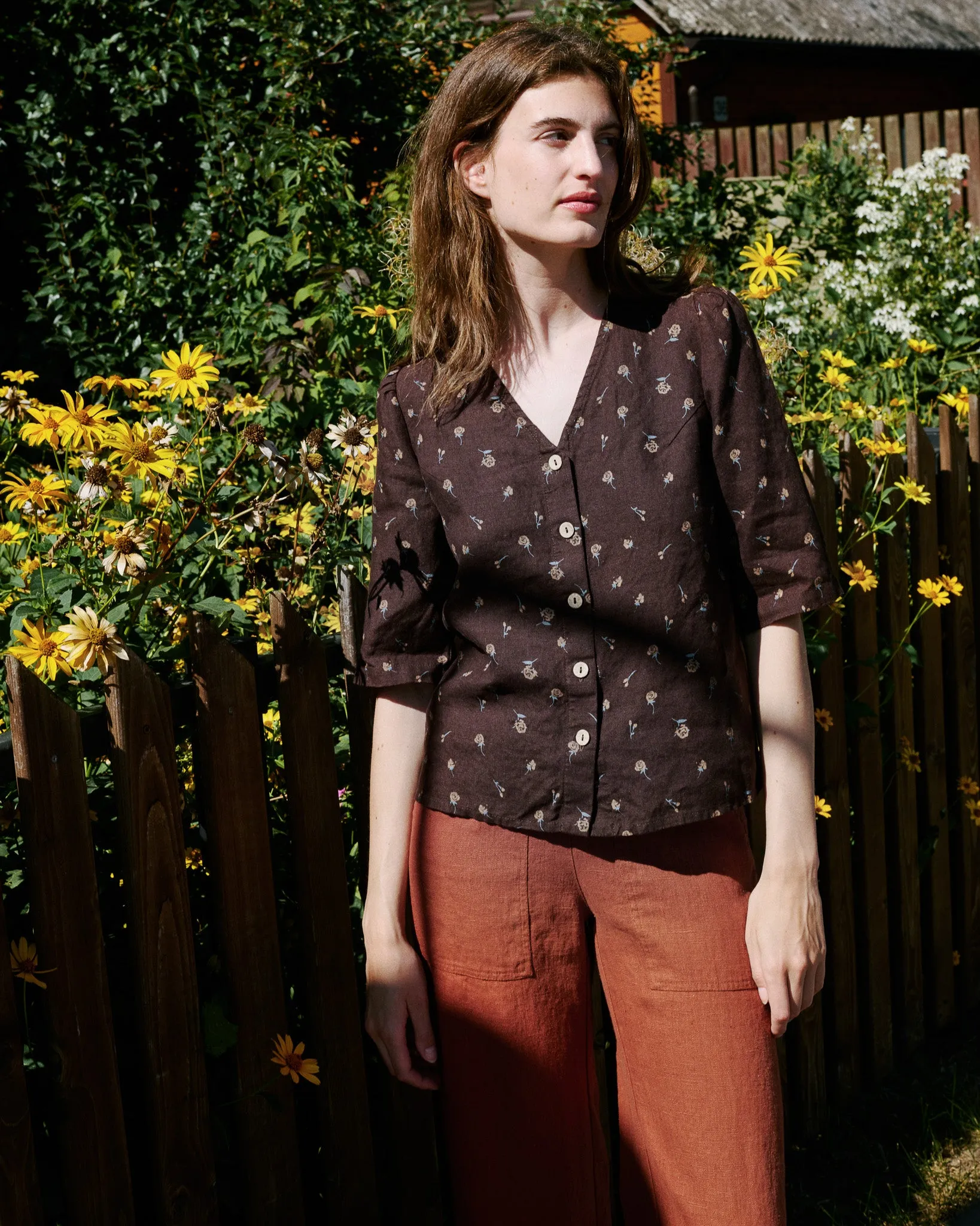 CU: CUSTOMIZED ISLA elbow sleeve linen shirt (Size: XS; Color: Espresso Rose)