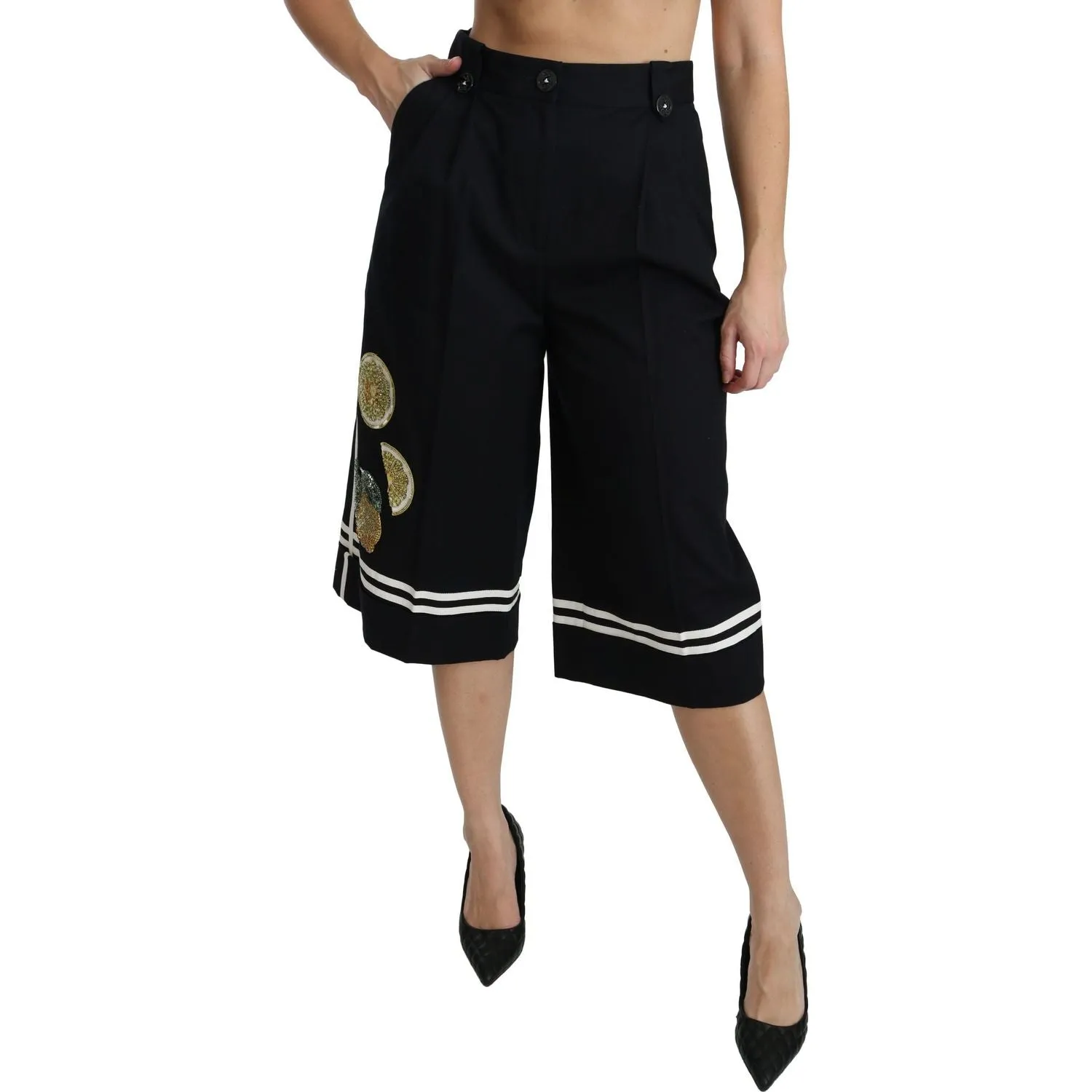 Dolce & Gabbana High Waist Palazzo Cropped Pants in Black Lemon