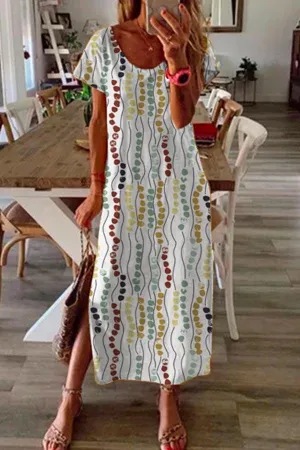 Dunnmall Graphic Print Crew Neck Casual Slit Midi Dress
