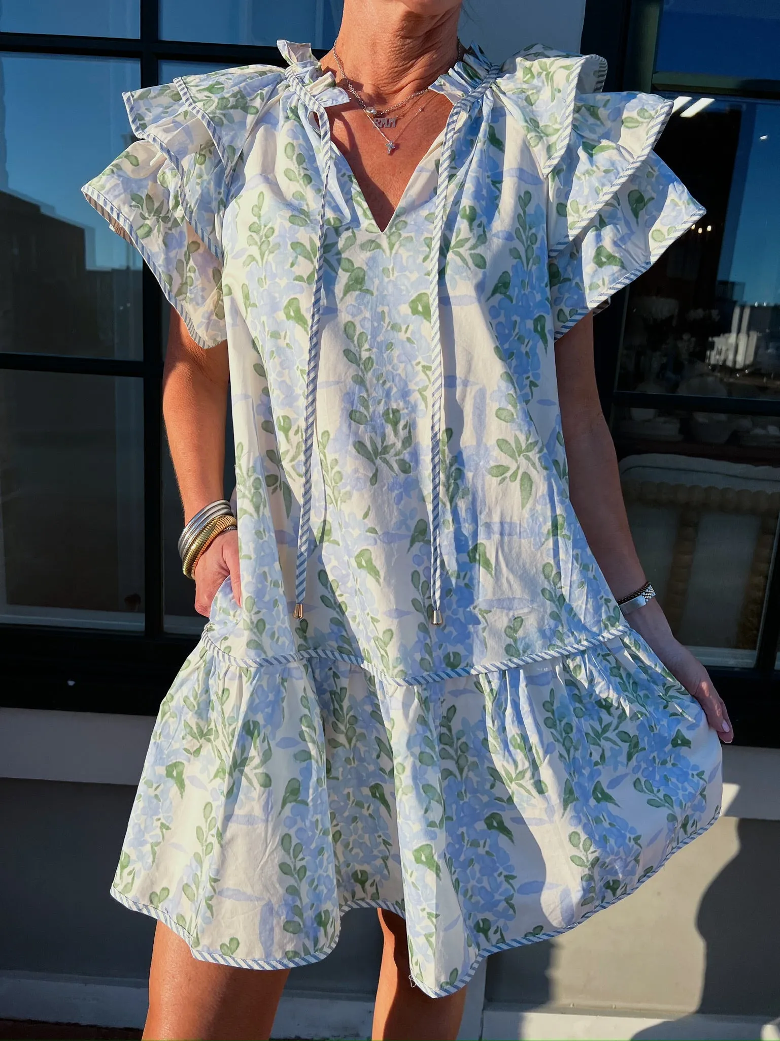 Entro | Juno Floral Ruffle Sleeves Dress Blue