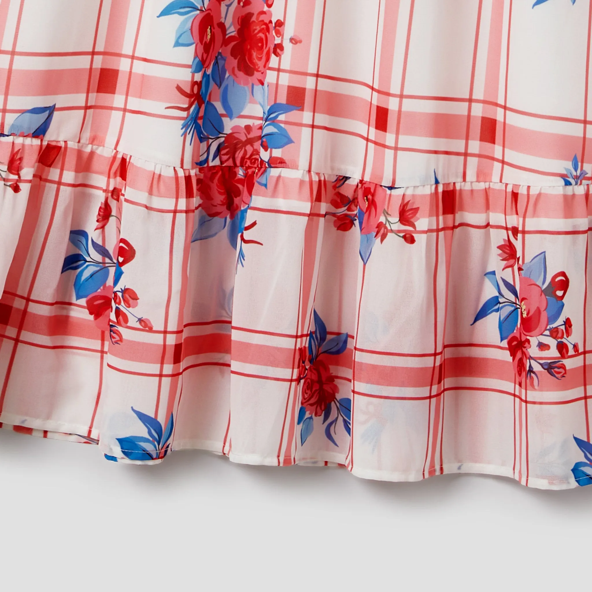 Family Matching Colorblock Stripe T-shirt and Plaid Floral Wrap Front Flutter Sleeve Dress Sets