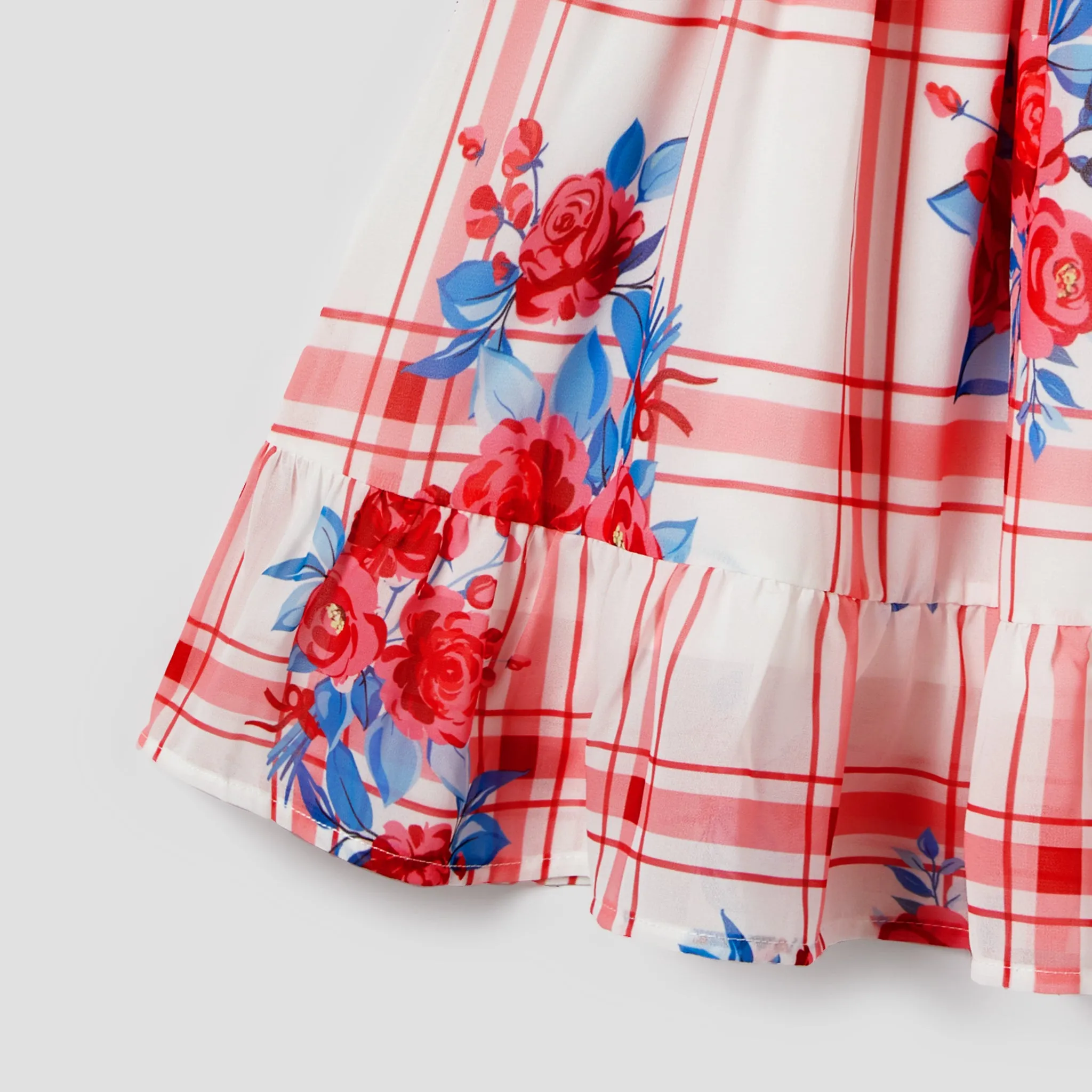 Family Matching Colorblock Stripe T-shirt and Plaid Floral Wrap Front Flutter Sleeve Dress Sets