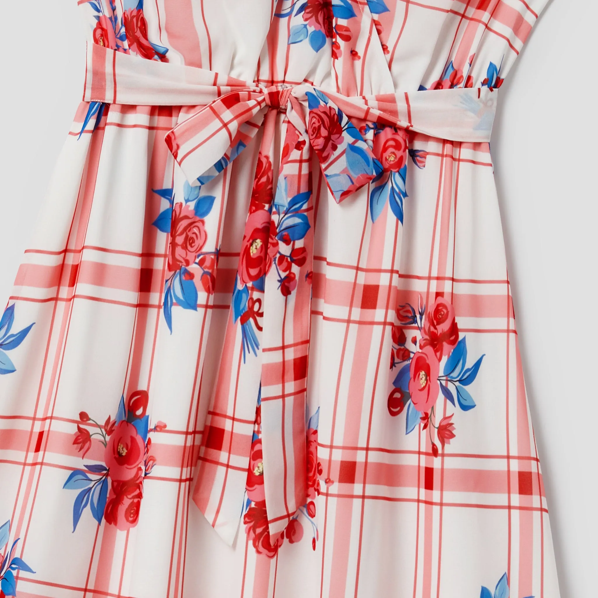 Family Matching Colorblock Stripe T-shirt and Plaid Floral Wrap Front Flutter Sleeve Dress Sets
