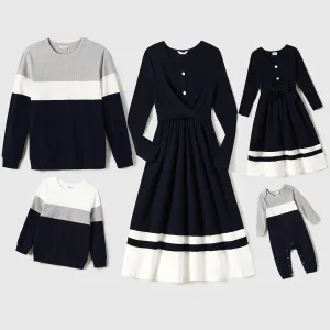 Family Matching Long-Sleeved  Knit Dresses And Color-Block Knit Tops Sets