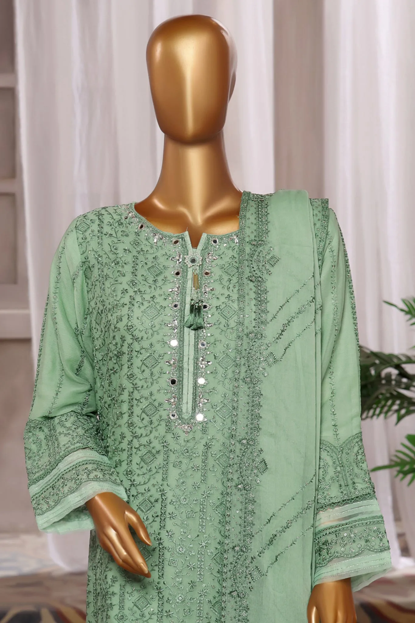 Fasaane By HZ Stitched 3 Piece Formals Chiffon Vol-06 Collection'2024-HZK-185-Mint Green