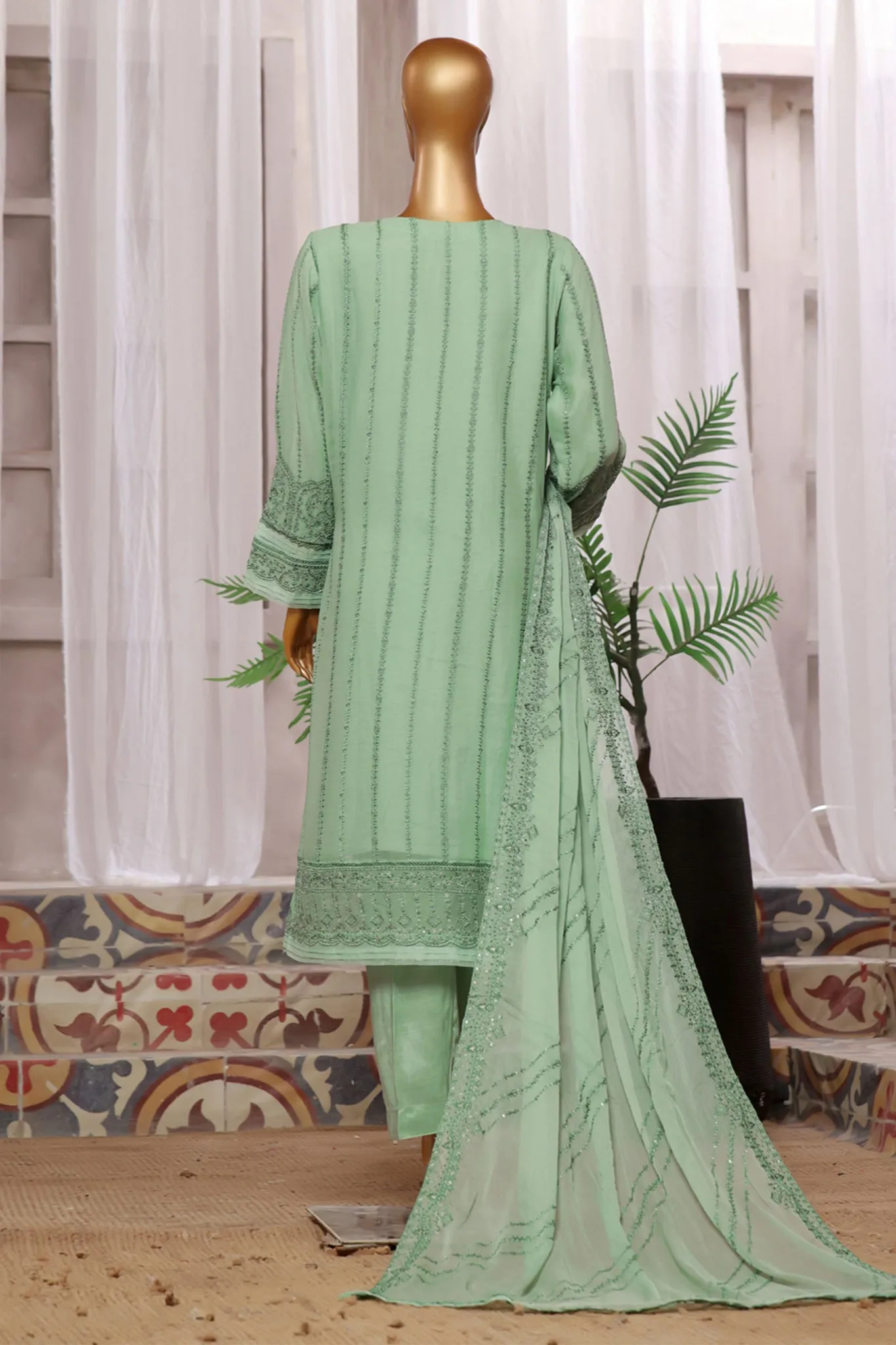 Fasaane By HZ Stitched 3 Piece Formals Chiffon Vol-06 Collection'2024-HZK-185-Mint Green