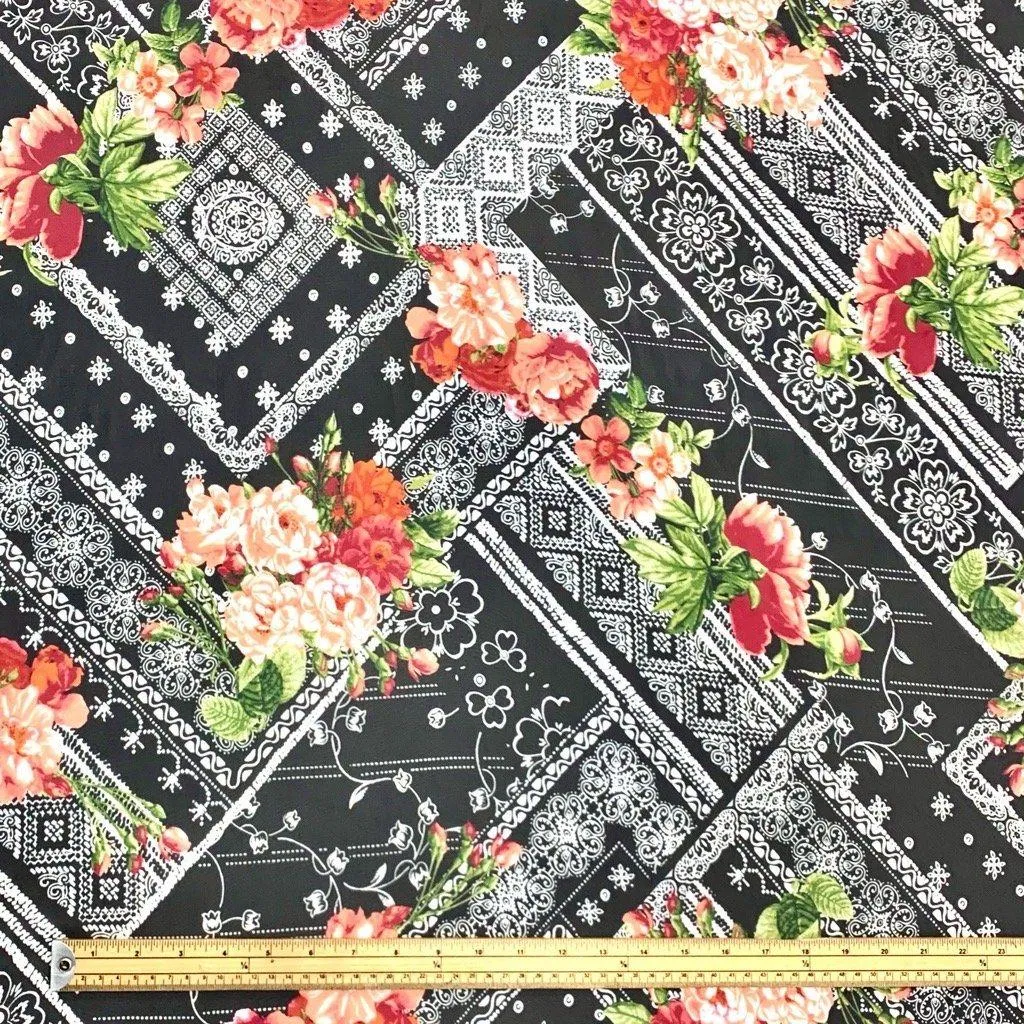 Floral Bunches on Geometric Black Chiffon Fabric