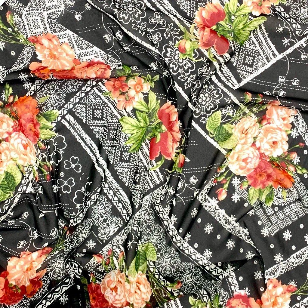 Floral Bunches on Geometric Black Chiffon Fabric
