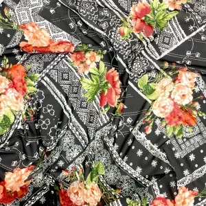 Floral Bunches on Geometric Black Chiffon Fabric