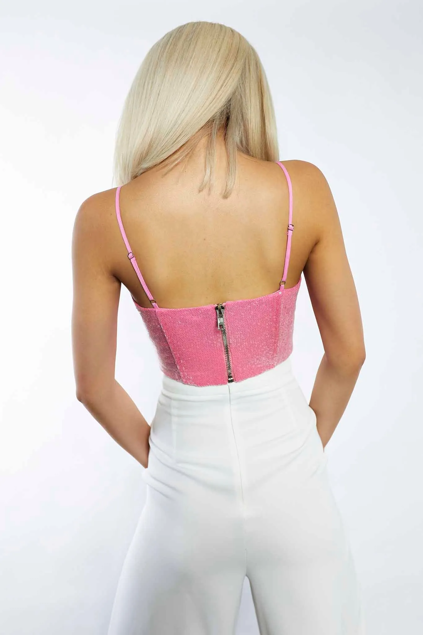 Glamorous Studio Barbie Pink Sequin Square Neck Corset Top
