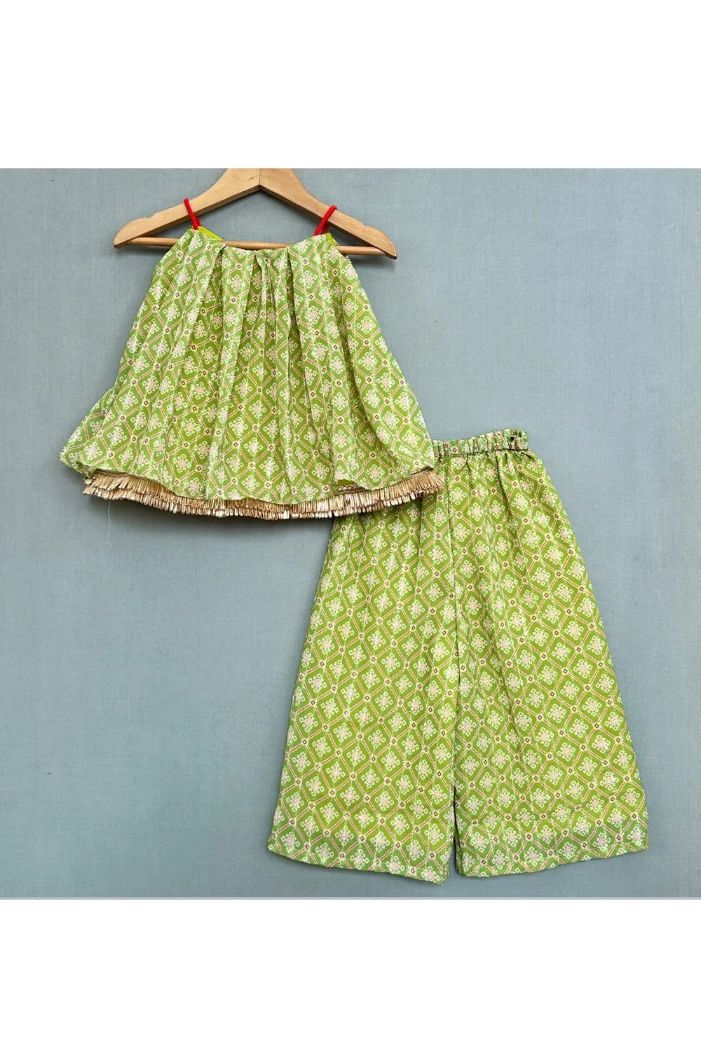 Green Georgette Print Geometric Motif Top With Palazzo Pant