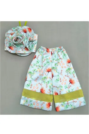 Green Organza Floral Print With 3D Flower Top And Palazzo Set