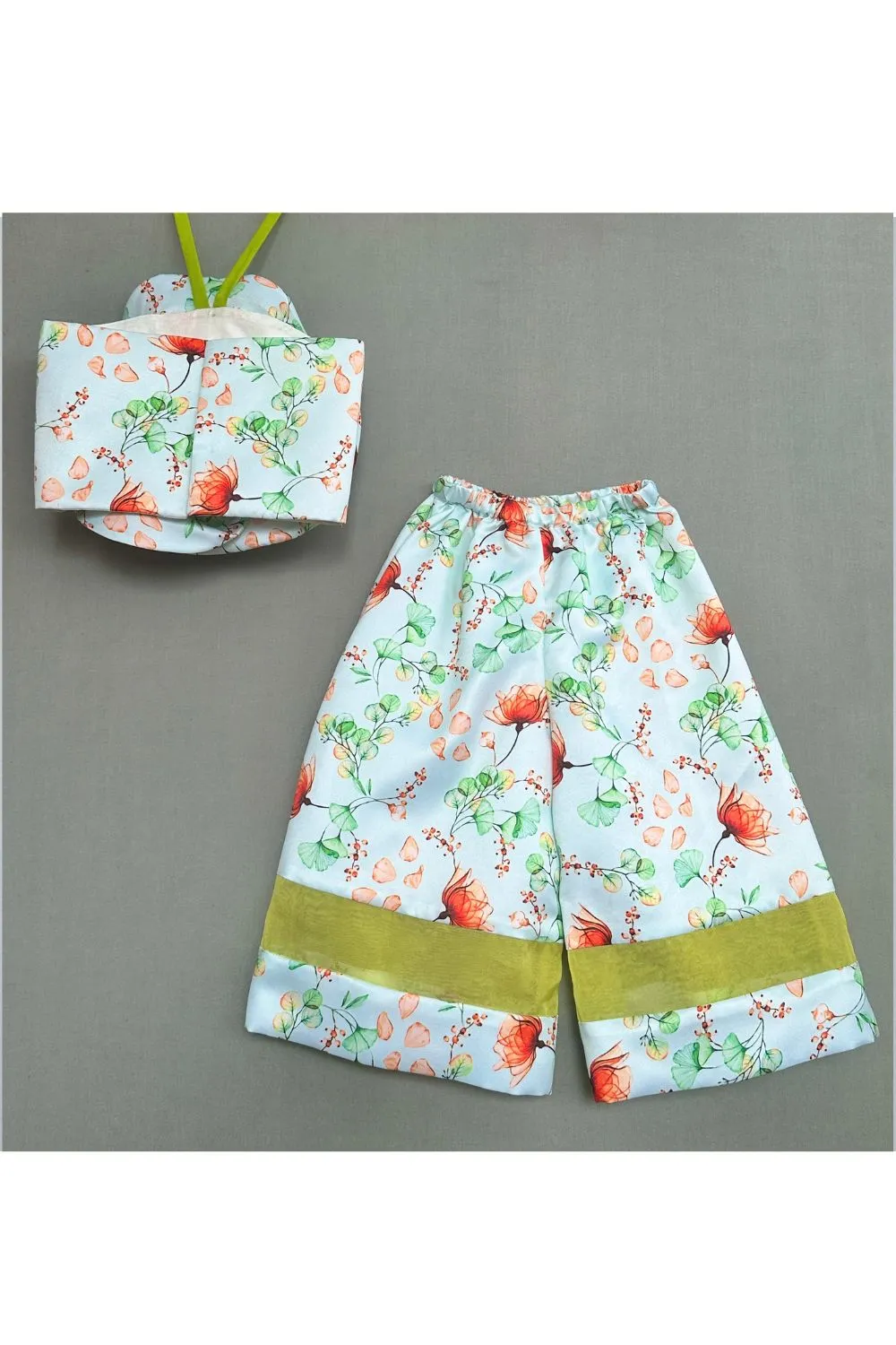 Green Organza Floral Print With 3D Flower Top And Palazzo Set