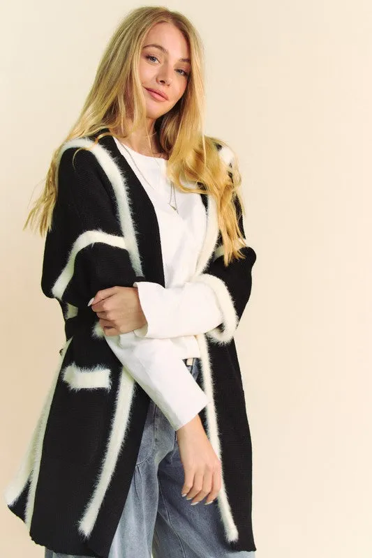 Hazel Blues® |  Davi & Dani Fuzzy Trim Open Front Loose Fit Cardigan