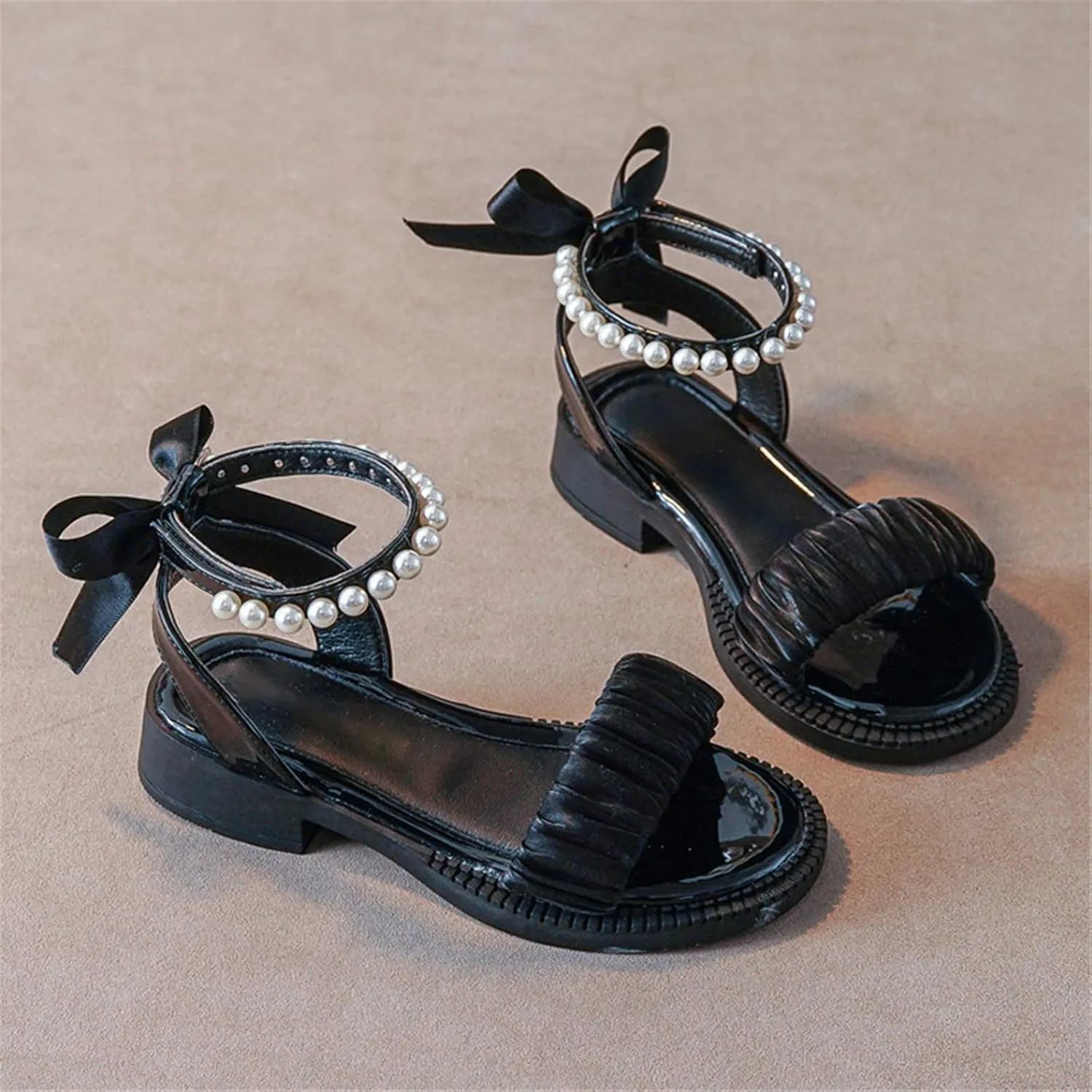 Kids Girl's Open Toe Sandals Bowknot Pearl Ankle Strap Sandals Summer Princess Dress Shoes