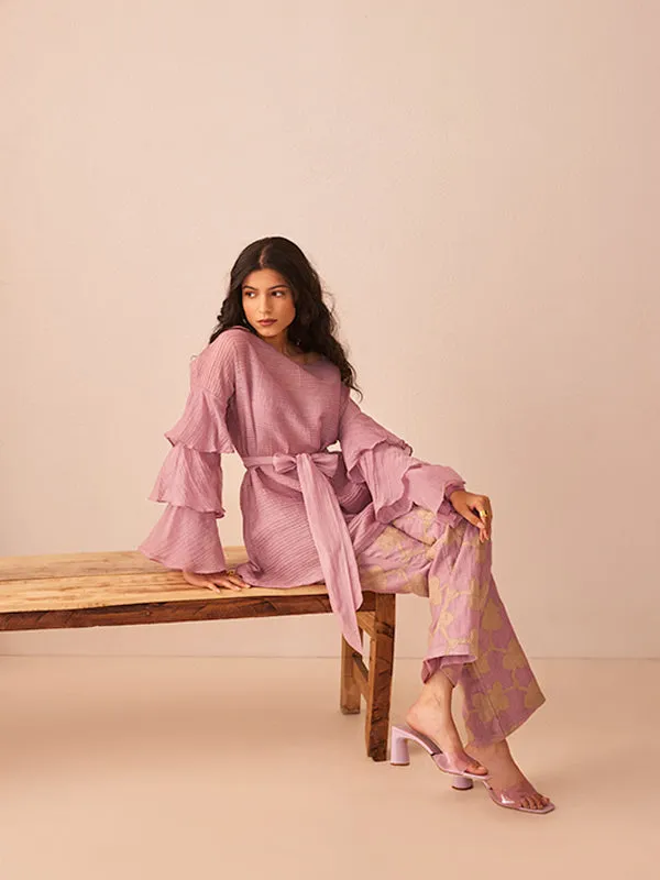 Lavender chanderi silk applique embroidered pants co-ord set