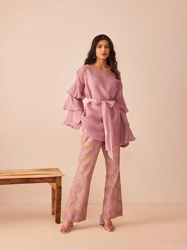 Lavender chanderi silk applique embroidered pants co-ord set