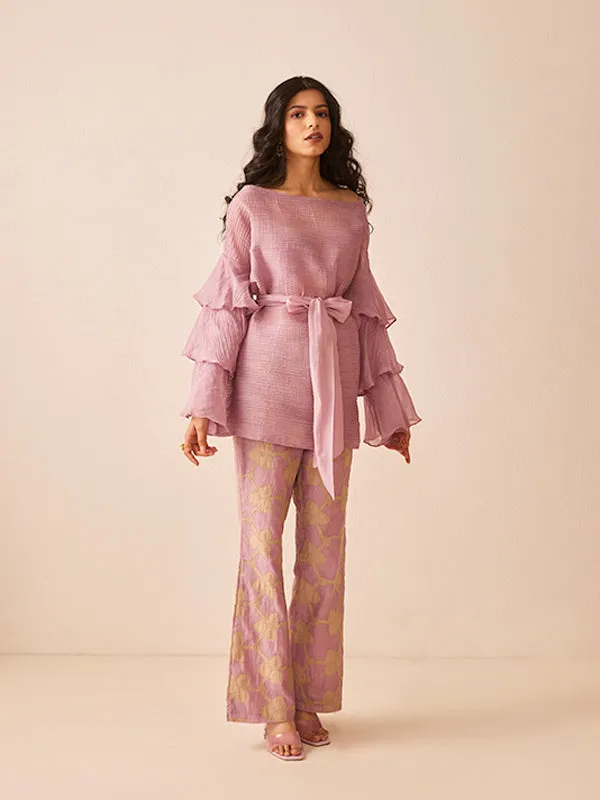 Lavender chanderi silk applique embroidered pants co-ord set