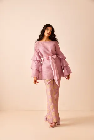 Lavender chanderi silk applique embroidered pants co-ord set