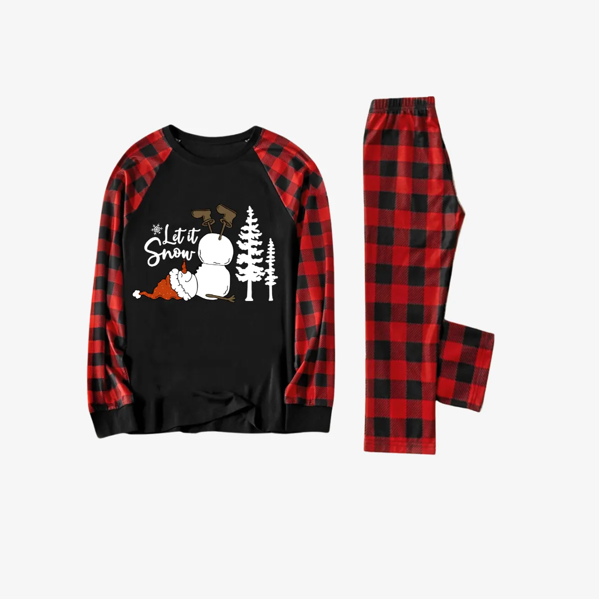 Let It Snow Snowman  Pattern Red&Black Plaid Sleeve Family Matching Pajamas Set
