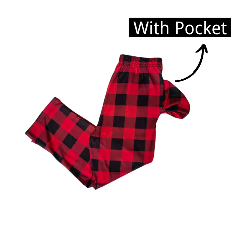 Let It Snow Snowman  Pattern Red&Black Plaid Sleeve Family Matching Pajamas Set