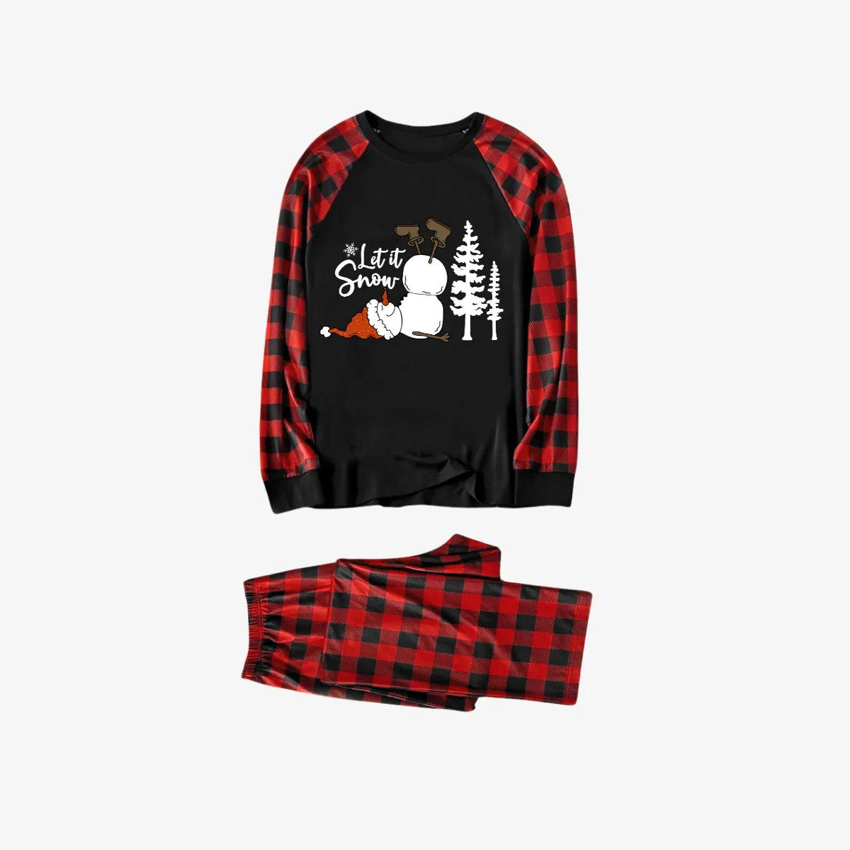 Let It Snow Snowman  Pattern Red&Black Plaid Sleeve Family Matching Pajamas Set