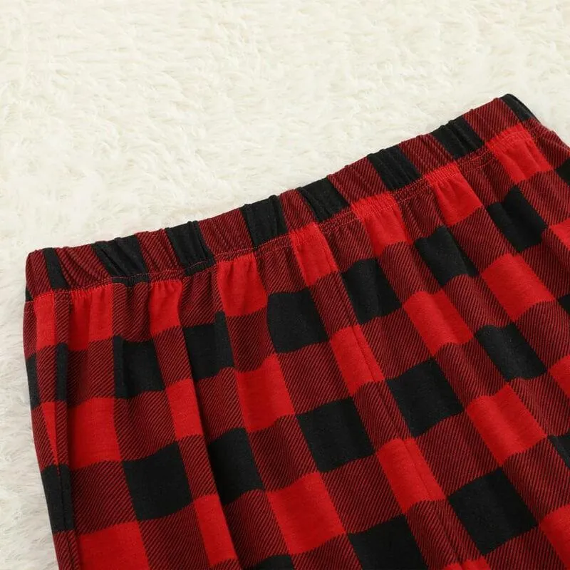 Let It Snow Snowman  Pattern Red&Black Plaid Sleeve Family Matching Pajamas Set