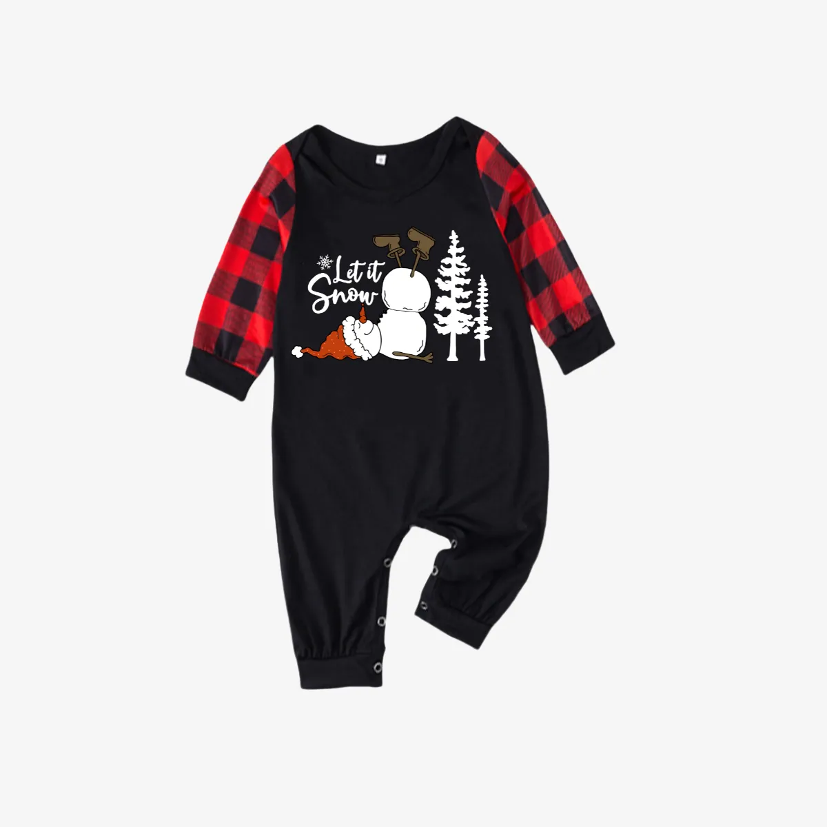 Let It Snow Snowman  Pattern Red&Black Plaid Sleeve Family Matching Pajamas Set