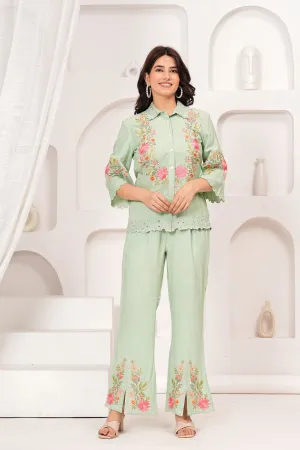 Light Green Embroidered Premium Cotton Co-Ord Set