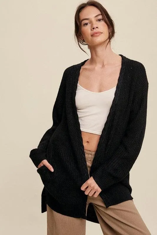 LISTICLE Cable Knit Open Front Long Cardigan