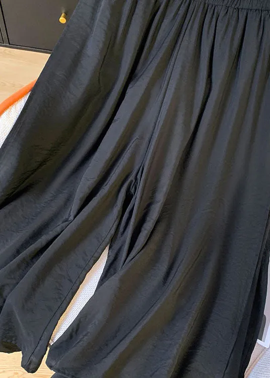 Loose Black Side Open Elastic Waist Cotton Crop Pants Summer FF058