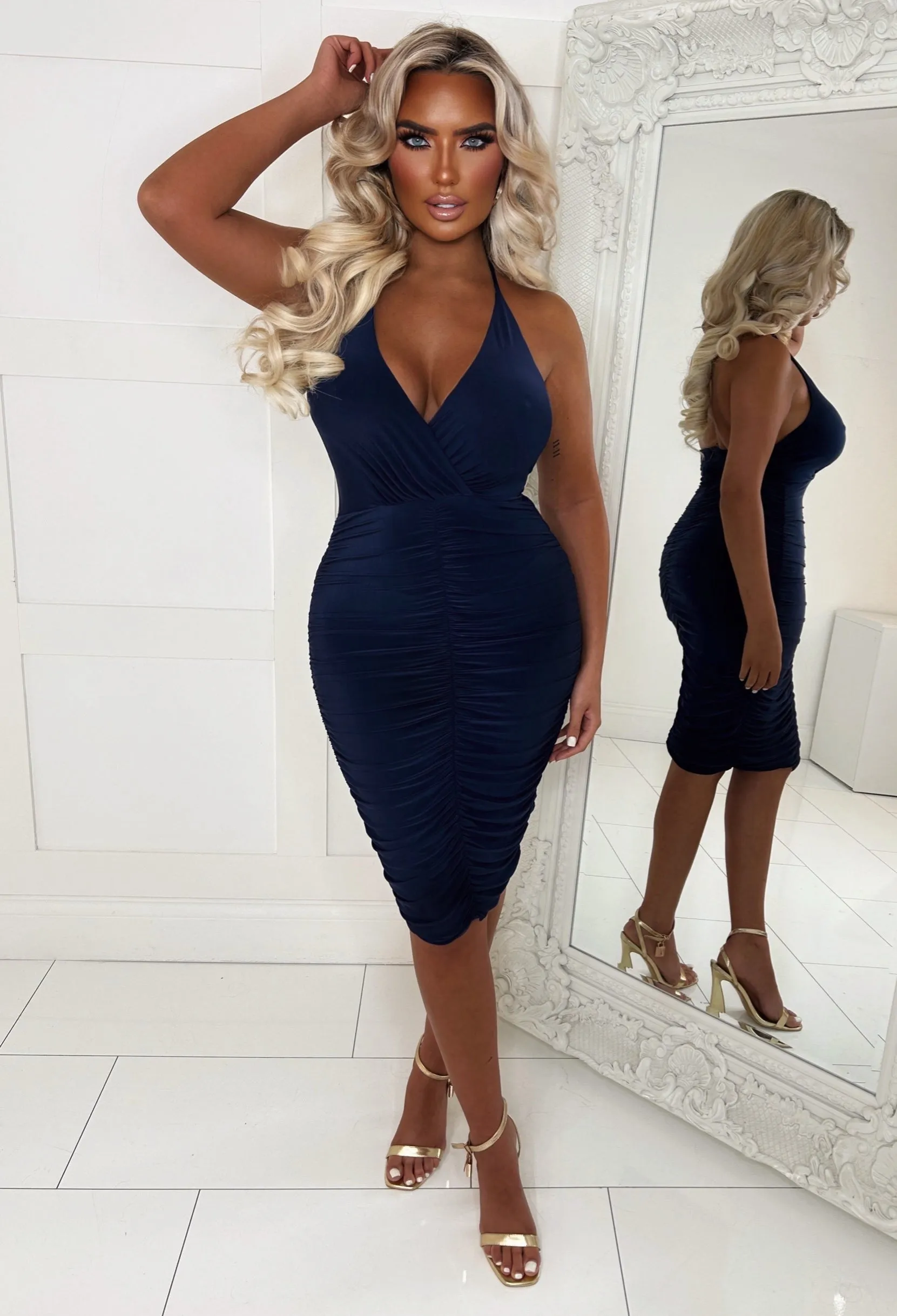 Love Your Vibe Navy Halterneck Ruched Dress