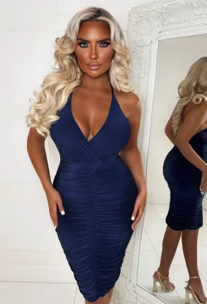 Love Your Vibe Navy Halterneck Ruched Dress